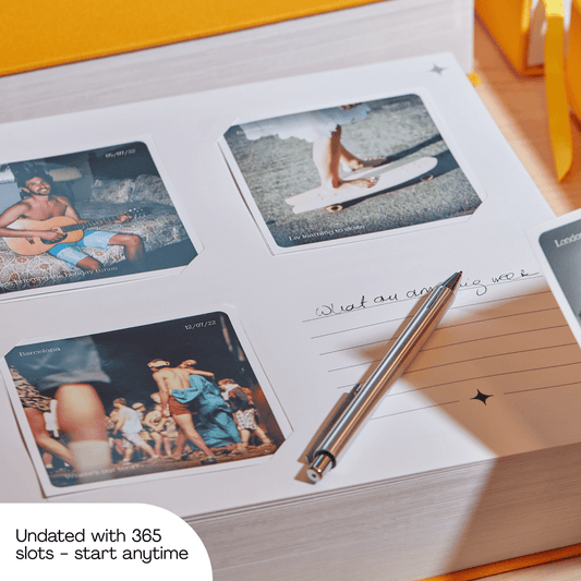 Open Mosaic Journal with 4×4 inch photo prints slotted into its pockets