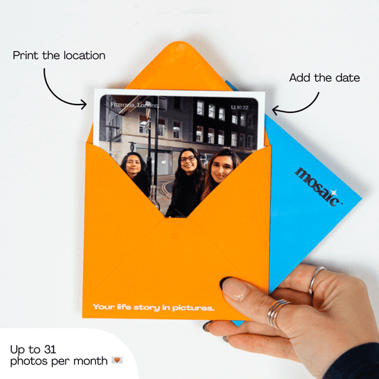 Mosaic Journal photo print of friends arriving in an orange envelope, printed with the location and date