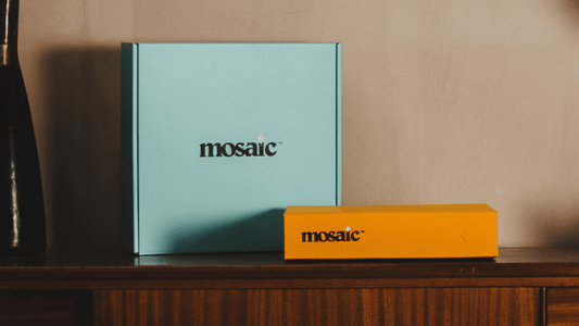 Mosaic Journal gift box on a wooden sideboard, ready to give