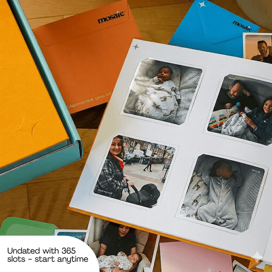 Mosaic Journal gift box with family photo prints in the linen journal